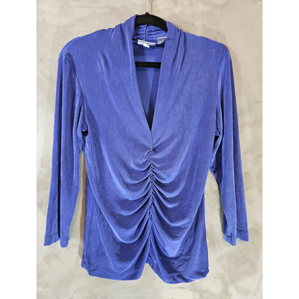 Chico's Travelers Size 1 Blue Ruched V-Neck 3/4 Sleeve Pullover